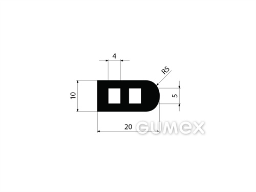 "D" Gummiprofil mit 2 Löcher, 10x20/R5mm, 60°ShA, NBR, -40°C/+70°C, schwarz, 